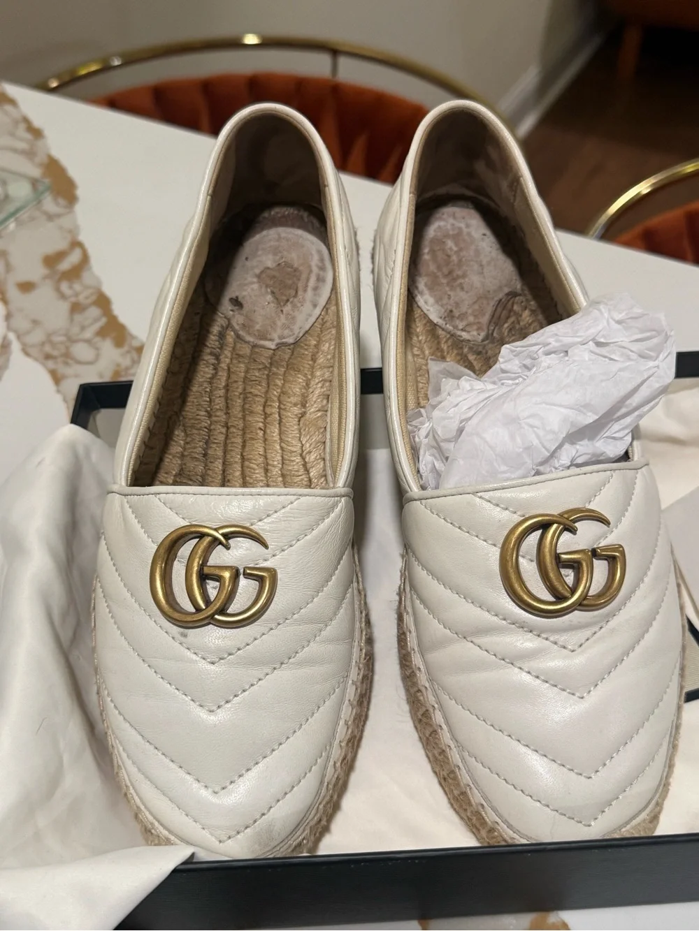 Gucci Cream Quilted Leather Espadrille Loafers with Gold Double G